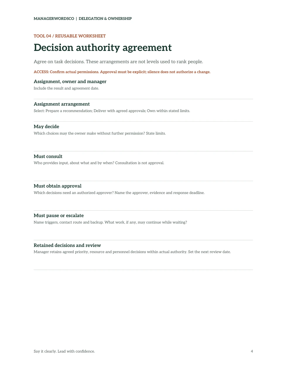 Actual Decision authority agreement worksheet showing may decide, must consult, must obtain approval, and must pause or escalate fields